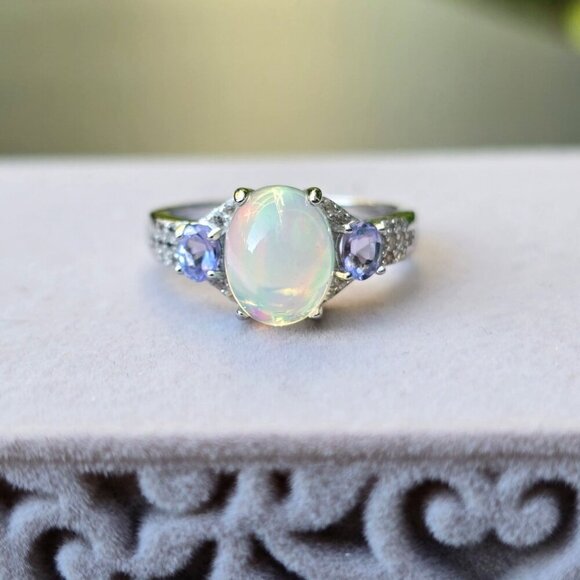 Ethiopian Opal ✦ Tanzanite Aurora Grove Ring ✦ 2.00ctw Rhodium Over Sterling 6 - Picture 4 of 16